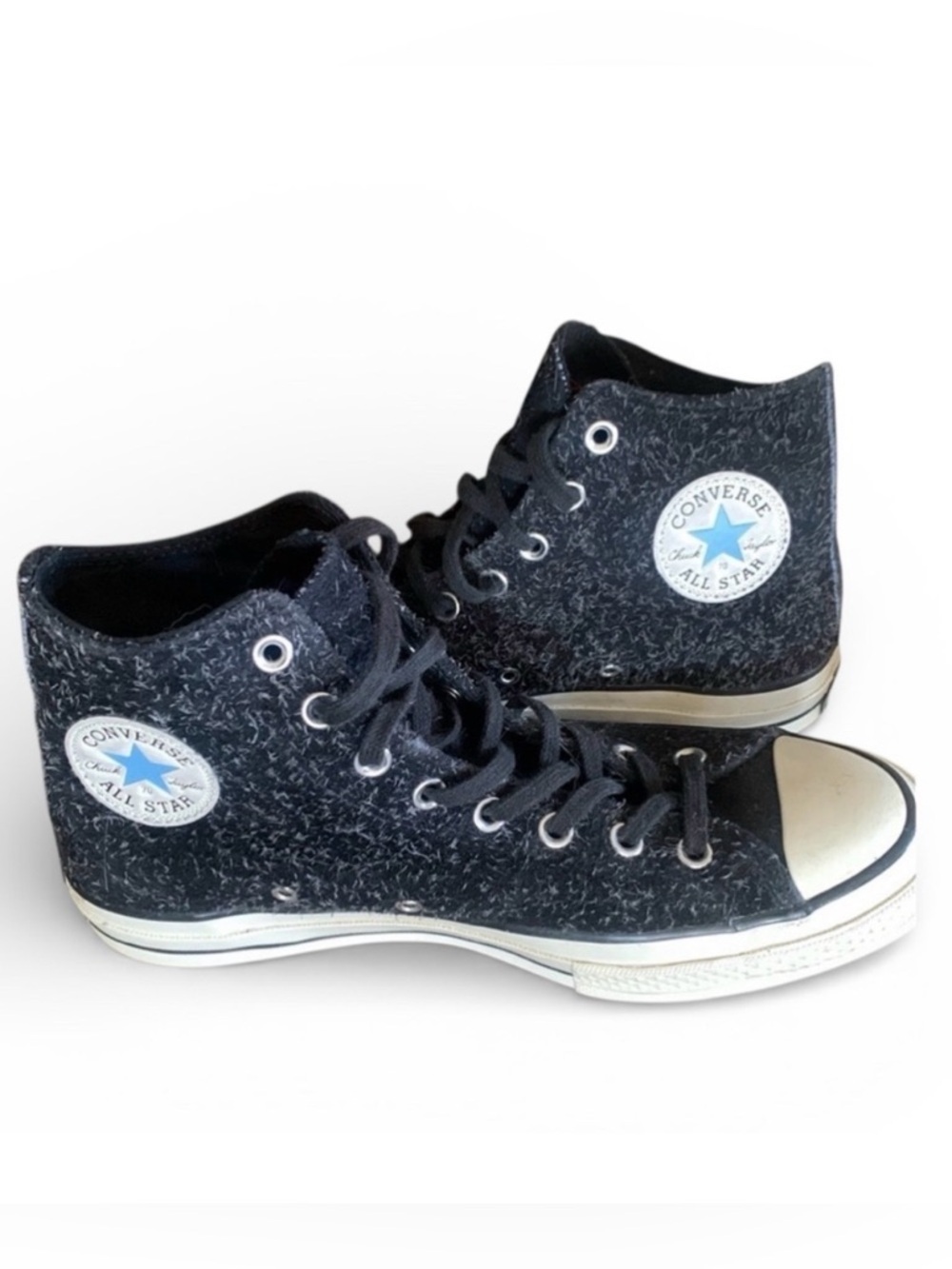 Converse Chuck Taylor, Men's 8, Black Suede, All Star High Tops White Fleck. Euc